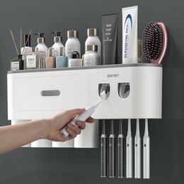 Toothbrush Holders Magnetic Adsorption Inverted Toothbrush Holder Wall-mounted Double Automatic Toothpaste Dispenser Rack Bathroom Accessories 230918