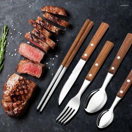 Dinnerware Sets 10pcs Real Wood Handle Rosewood Stainless Steel Western Tableware Chopsticks 304 Steak Knife Fork Spoon