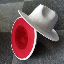 Trend Outer White Inner Red Patchwork Women Artificial Wool Felt Jazz Fedora Hats Ladies Flat Brim Panama Trilby Party Hat 60 CM305K