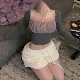 Women's T Shirts Girl Slim Fit Knitted Inner Match Top For Women 2023 Slimming And Short Stitching Mesh Long Sleeve