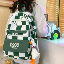 School Bags Preppy Plaid Schoolbag For Adolescent Female Laptop Back Pack Travel Bag Women Backpack Waterproof Multi-Pocket Nylon Bookbag