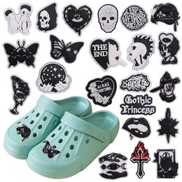 Wholesale 100Pcs PVC All Black Everything The End Skull Crossbones Heart Butterfly Lips Adult Sandals Shoe Buckle Decorations For Backpack Charms Button Clog