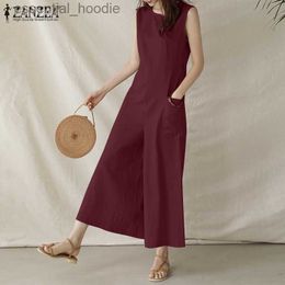 Women's Jumpsuits Rompers ZANZEA Women Casual Crew Neck Sleeveless Cotton Wide Leg Jumpsuit L230918