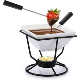 Cheese Tools DIY Chocolate Fondue Set Ceramic Butter Warmers with Shelf Candle Two Forks Used for Caramel Melting 230918