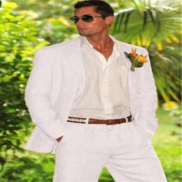 Summer Beach White Linen Mens Suit Groom Tuxedos Groomsmen Wedding Blazer Suits For Men Stylish 2pieces Jacket Pants226g