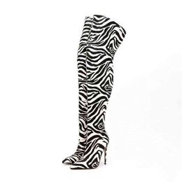 Boots Women Over the Knee High Heels Sexy Ladies Zebra Style Pointed Toe Stiletto Long Botas Femininas 220729