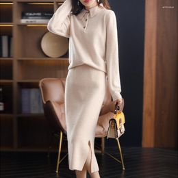 Women's Pants 2023 Cashmere Sweater Two-Piece Women Fall/Winter Plus Size Lapel Pullover Top Pure Wool Base Knit Long Skirt Thick Suit