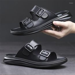 Slippers 2023 Brand Genuine Leather Summer Fashion Non-Slip Beach Shoes Flip Flops Soft Men Sandals Man Home Indoor Slides