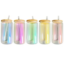 Unbreakable Gorgeous High Borosilicate 20oz Blank Sublimation Iridescent Rainbow Glitter Five Colour Mixed Delicate Drinking Glasses with Bamboo Lid and Straw