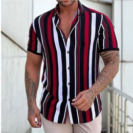 Men's Casual Shirts Men's Shirt Fashion Stripes Print Short Sleeve Tees Summer Shirt Men Turn-down Collar Button Casual Blouse Men's Clothing 230918