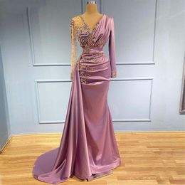 Light Purple Mermaid Evening Dresses Sheer V Neck Appliqued Beaded Long Sleeve Formal Prom Party Second Reception Special Occasion257J