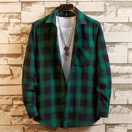 Men Flannel Plaid Cotton Shirt Chest Pocket Smart Casual Classic Contrast Standard-fit Long Sleeve Dress Shirts196S