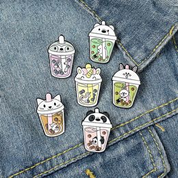 Cute Animal Modelling Pearl Milk Tea Pins Cat Panda Rabbit Bear Unicorn Paint Badge Unisex Children Alloy Bottle Hat Bags Collar Br258K