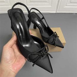 Sandals Crystal women Mules for Party Sexy Black New Pointed Bow Back Strap High-heeled Stiletto with Rhinestone Shoes Ladies 230417