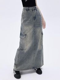 Skirts Long A-line Denim Skirt Women Vintage Harajuku Split Pocket Jeans Autumn 2023