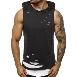 Men's Tank Tops Breathable Men Summer Stylish Double Layer Ripped Sleeveless Vest Sports Hoodie Blouse Sweatshirt With Hood250D