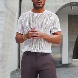 Men's T Shirts Men Shirt Solid Color Hollow Out See Through Streetwear Short Sleeve O Neck Tops Vacation Casual Sexy Knitwear Man