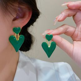Dangle Earrings Fashion Green Big Heart-Shaped Ear Girl Beautiful Korean Love Drop Glaze Aesthetic Jewelry Piercing For Women