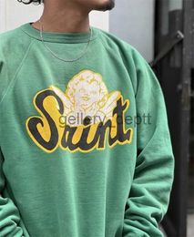 Men's Hoodies Sweatshirts 23SS New Fasion Green SAINT MICHAEL 22AW ANGEL Raglan Sleeve Sweatshirts Men Women Hoodie Cracked Crewneck Goth J230918