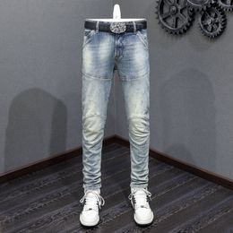 Men's Jeans Streetwear Fashion Men Retro Washed Blue Stretch Slim Fit Biker Spliced Designer Hip Hop Denim Pants Hombre 230918