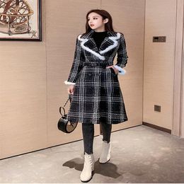 New design women's thickening warm plaid turn down collar Woollen sashes medium long coat abrigos SML211B