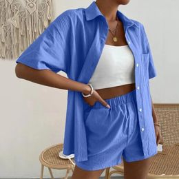 Women's Sleepwear Summer 2 Piece Set Short Sleeve Single-breasted Top Broad-legged Shorts Pijama Fashion Ladies Sexy Solid Home Suit Outfits