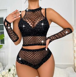 Sexy Set Sexy Fishnet Rhinestone Top Panties Gloves 4 Piece Crystal Bodystocking Lingerie 230808