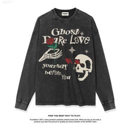 2023 New Hoodie Fashion Designer Hoodie American Skeleton Rose Print High Street Washed Old Long Sleeve T-shirt for Men and Women's Fashion