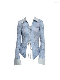 Women's Blouses Elegant Korean Print Women Blue Crop Top Lace Up Patchwork Lapel Colla Office Lady Sweet Cosy Flare Sleeve Casual Shirts