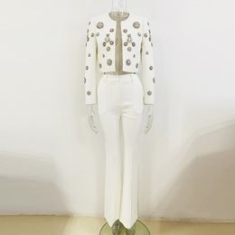 Women 2 pieces Hand Sewn Pearls Jewellery Crop Blazer Jacket + Flare Trousers Side Slit Pants Suit / Wedding Birthday,Matching Set in White/ Black