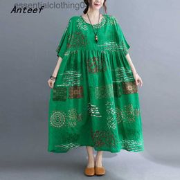 Basic Casual Dresses short sleeve oversized cotton vintage floral dresses for women casual loose long summer dress elegant clothing 2023 L230918
