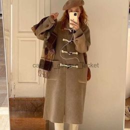 Women's Wool Blends Preppy Style Woollen Trench Coat for Women Fashion Korean Winter Loose Horn Buckle Mid-Length Windbreakers Jacket Overcoat 2023L230918