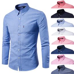 New Mens Shirs Long Sleeve Casual Shirts Cotton Oxford Woven Fabric Lapel Solid Colour Fashion Business Shirt Clothing Large Size M2661