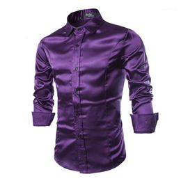 New Silk Satin Shirt Men Chemise Homme 2017 Fashion Mens Slim Fit Long Sleeve Emulation Silk Button Down Dress Shirts RMQ6671215k