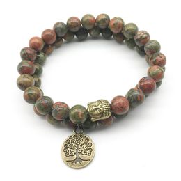 SN1275 Tree of Life Buddha Bronze Charm Bracelet Set Vintage Design Unakite Bracelet High Quality Natural Stone Jewelry259u