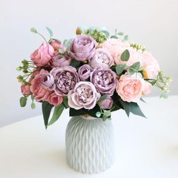 Decorative Flowers 35CM Fake Pink Rose Silk Peony Artificial Year's Christmas Decoration For Home Wedding Bridal Bouquet Indoor