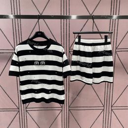 Womens Shorts Short Sleeve Two Piece Knitted Black White Striped Patchwork Suit Slim Ccrew Neck Top Girls Casual Suit274Z