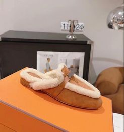 The latest women's sandals, slippers, half slippers, cashmere fur, one piece genuine leather sole, low heel, round head, buckle decoration, size 35-42+box