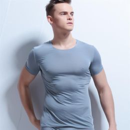 Men Sexy Undershirt Ice Silk Slimming Transparent T Shirts Male Comfortable Nylon Mesh V-neck Thin Short Sleeves Tops Gay Underwea286g