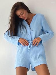 Women's Sleepwear Restve Cotton Nightwear 2 Piece Sets Casual V Neck Long Sleeve Female Home Suits With Shorts Summer Pyjamas