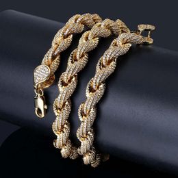 New Style Gold Plated Full CZ Cubic Zirconia Rope Chain Necklace 8mm Full Diamond Silver Hip Hop Punk Rock Jewelry Gifts for Guys 2312
