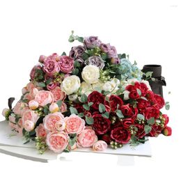Decorative Flowers 9pcs Rose Artificial Fake Flower Valentines Day Gift Silk Flores Artificiales Decoration Mariage Weddings Home Decor
