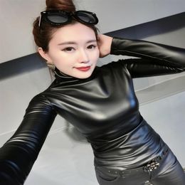 New women's winter warm turtleneck long sleeve bodycon tunic PU leather plus velvet inside shirt tops plus size S M L XL XXL 243y