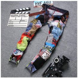 Whole-Fashion Mens Hip Hop Dance Jeans Clothing Patchwork Colorful Regular Fit Designer Night Club Jeans For Men279r