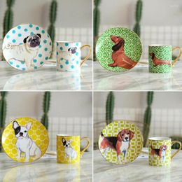 Mugs Ceramics Dog Pattern Coffee Cup Saucer Sets Cute Porcelain With Golden Handle Plates Set Teacup Drinkware Gift