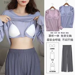 Women's Sleepwear Plus Size M-4XL Women Pajamas Pyjamas Set Homewear Sleepwear Lingerie Set Night Wear Padded Tops long pants L230918