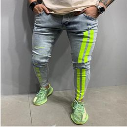 Men's Jeans Men Skinny Striped Zipper Denim Hole Wash Vintage Hip Hop Work Trousers Slim Printed European Big Size Clothing320x