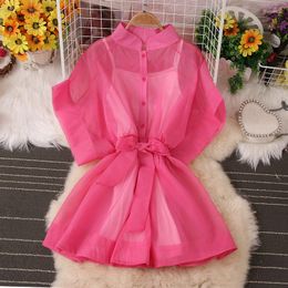 Casual Dresses Short Skirt Women Suit Camisole Waist Tie Single-breasted Button Stand-up Collar Dress Pink Two-piece Set Mini