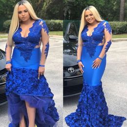 Plus Size Special Occasion Dresses Mermaid Trumpet Prom Party Gown Evening Dresses Applique Satin Zipper Lace Up New Custom V-Neck Long Sleeve