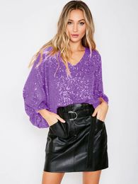 INS Fashion New Arrival Women's Tops & Tees Street Beads Sexy Spice Girl Lantern Long Sleeve Hand Shirt Solid Color V-neck Top Plus Size